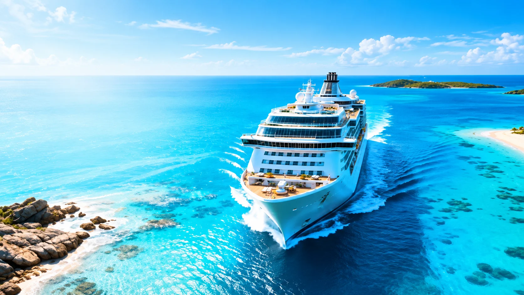 A white cruise ship turning from a front view to a side view as you scroll