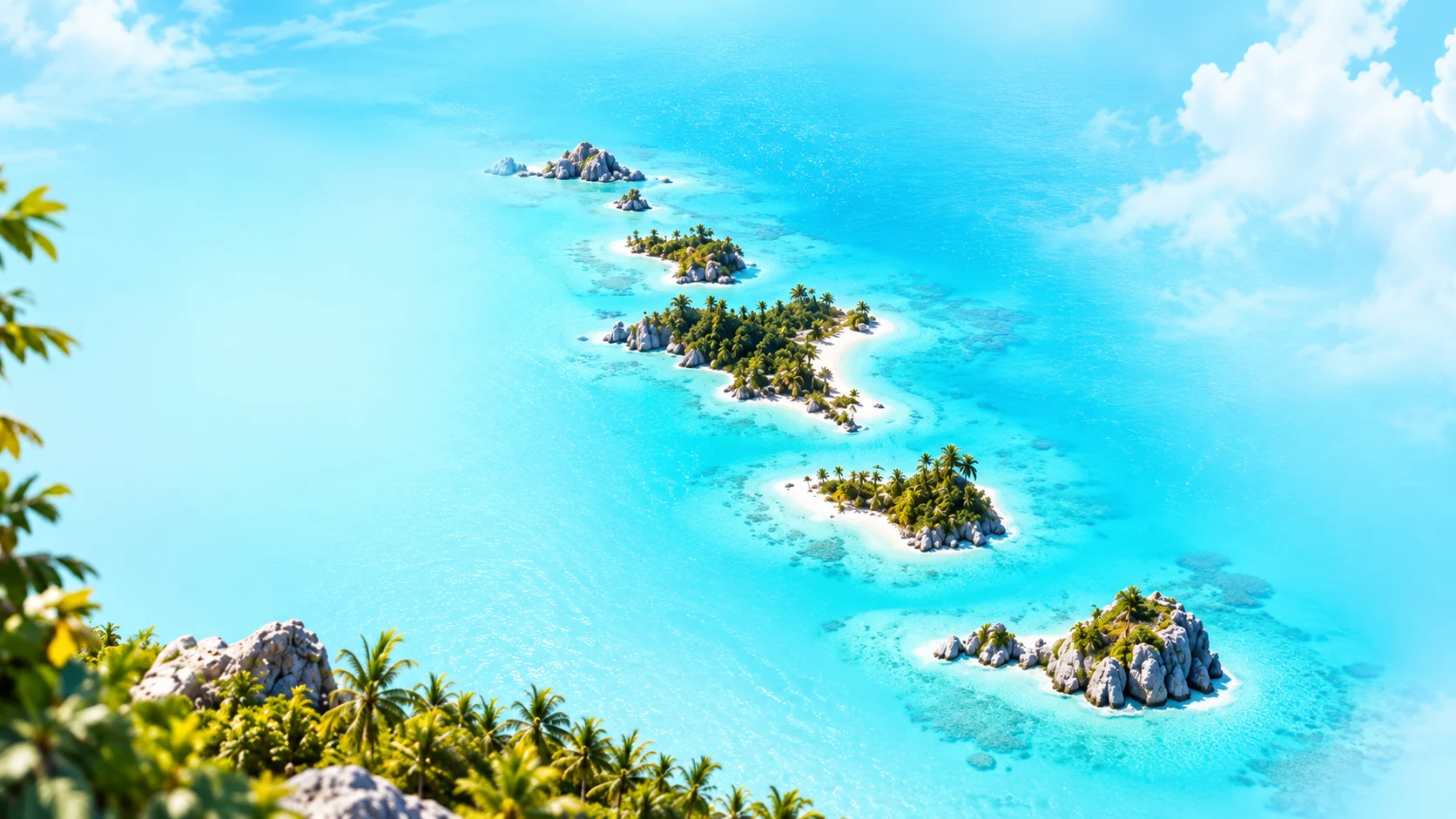 A chain of palm-covered private islands surrounded by crystal-clear turquoise water